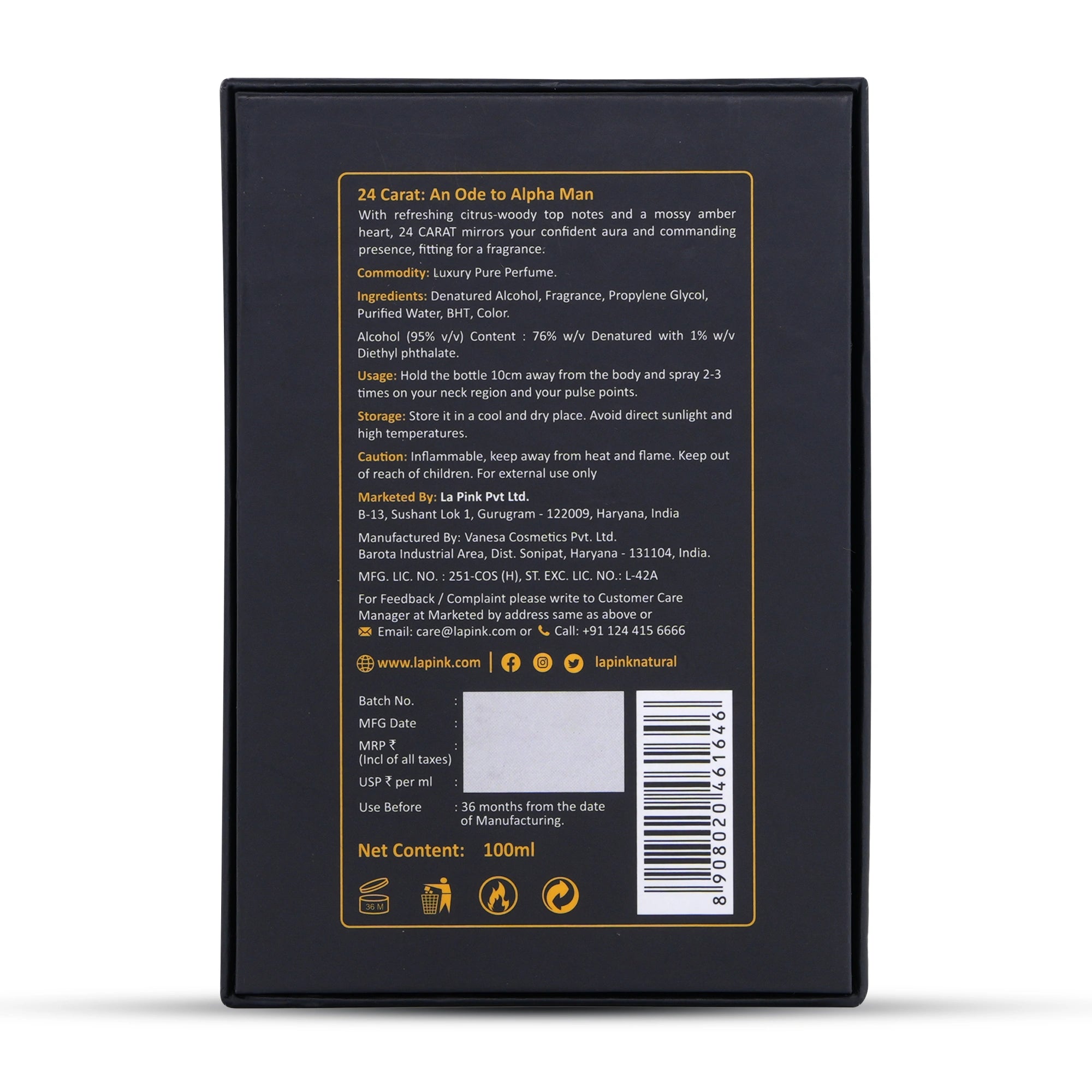 24 Carat French Luxury Pure Perfume for Men - 100 ml