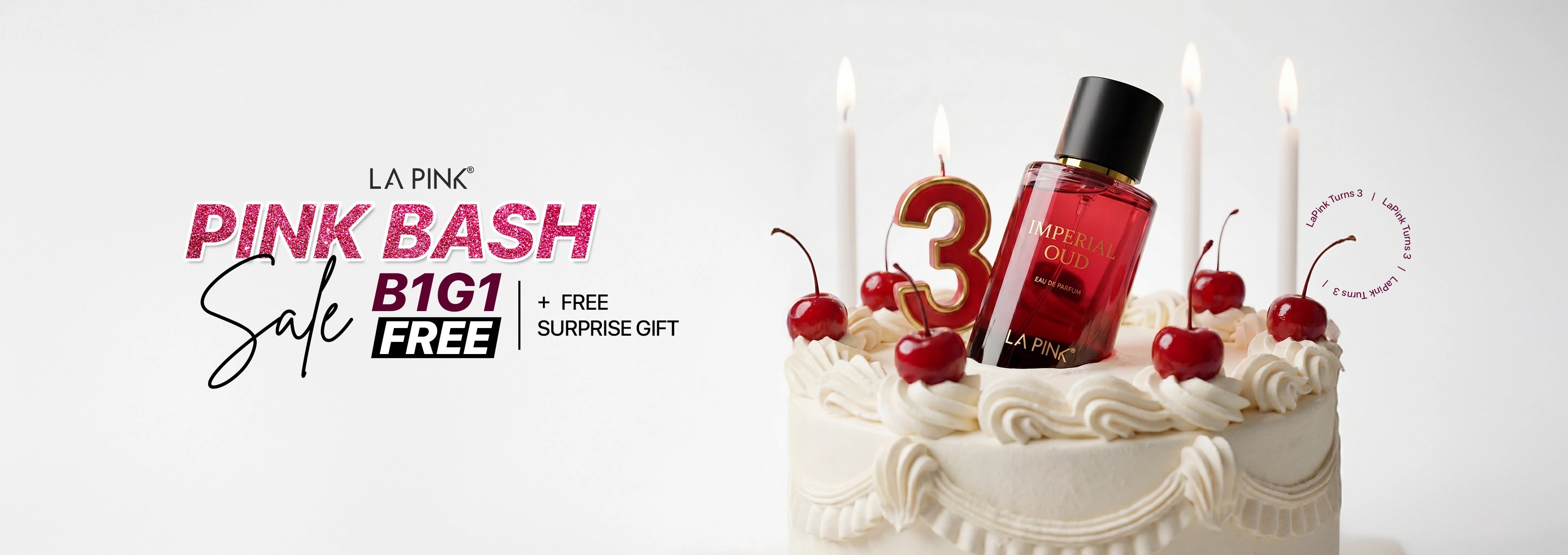 Cake with candles and a bottle of perfume, featuring promotional text for La Pine Pink Bash sale.