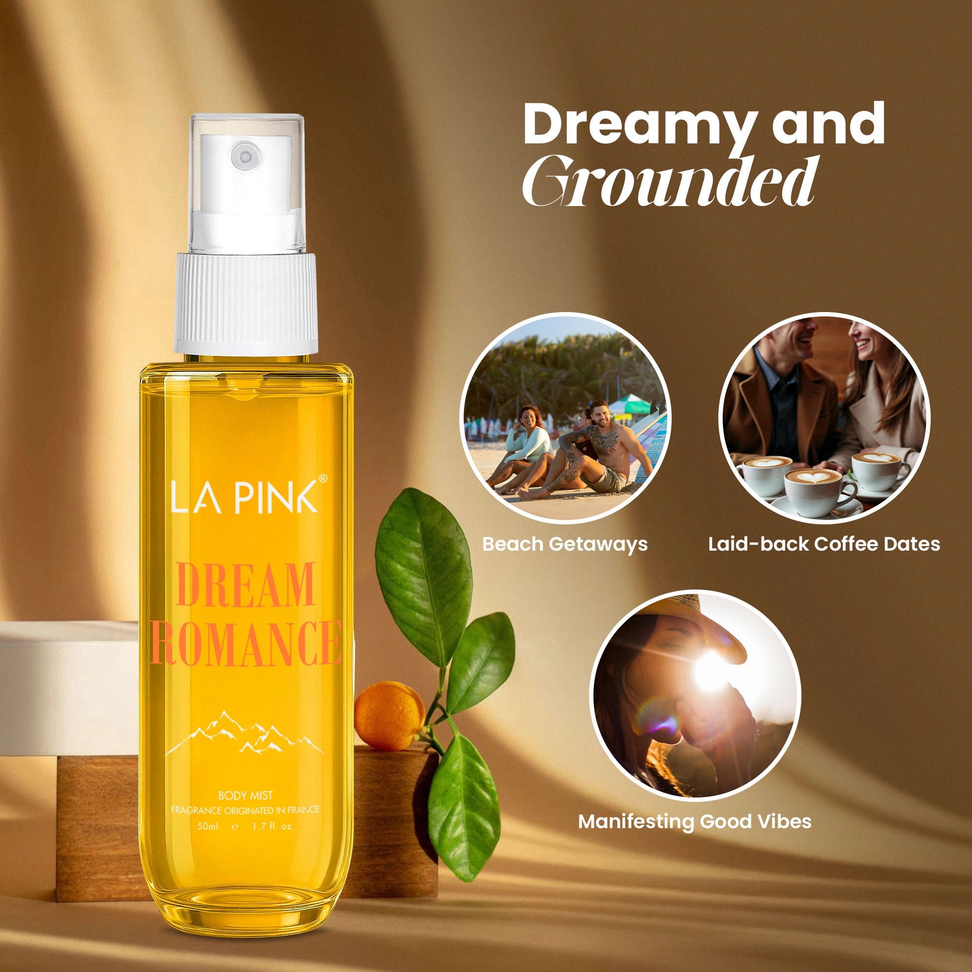 LA Pink Dream Romance body spray bottle with lifestyle images and text on a warm background