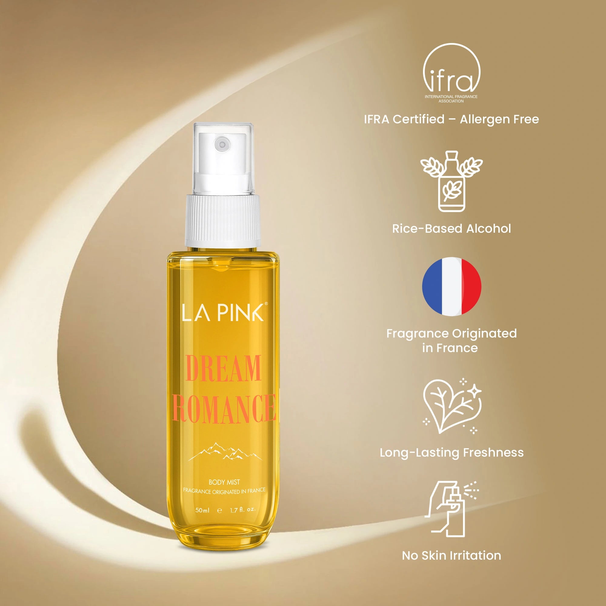 La Pink Dream Romance body mist bottle on a beige background with certification icons.