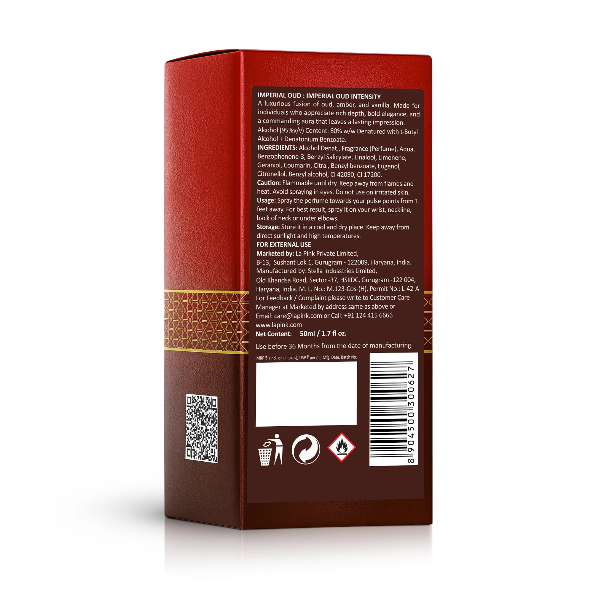 Back view of a red product packaging with text, QR code, and barcode on a white background