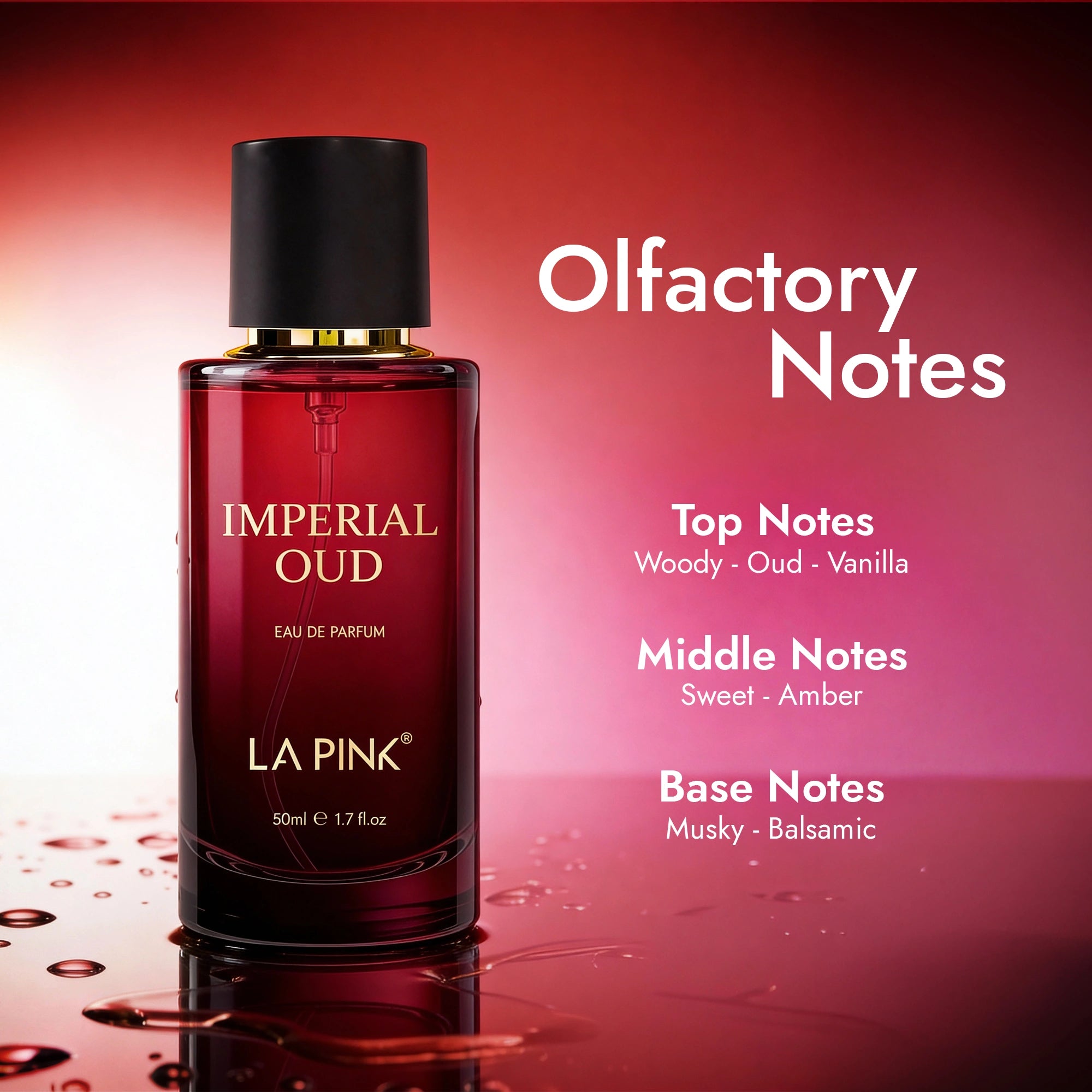 Red perfume bottle labeled &
