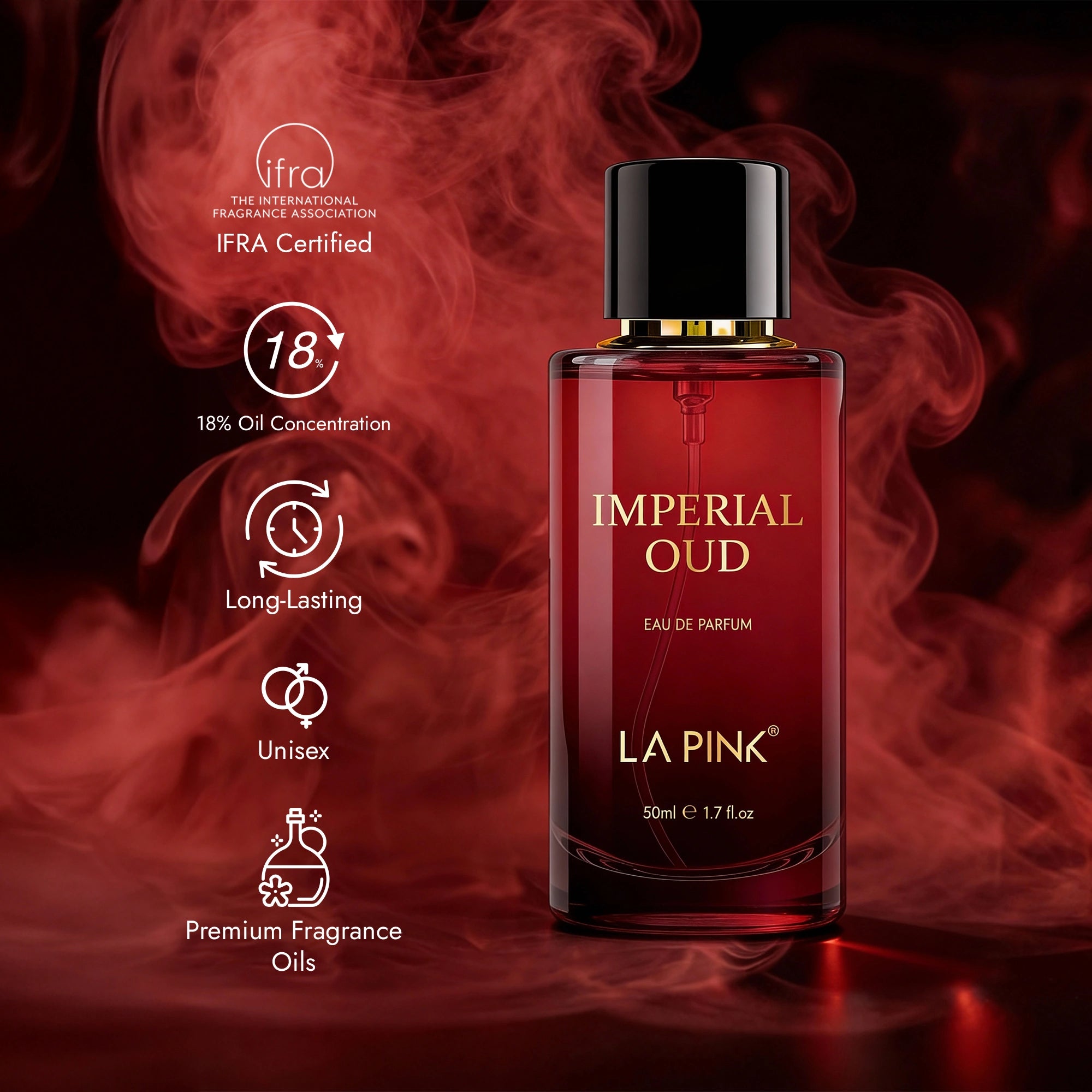 Red perfume bottle labeled &