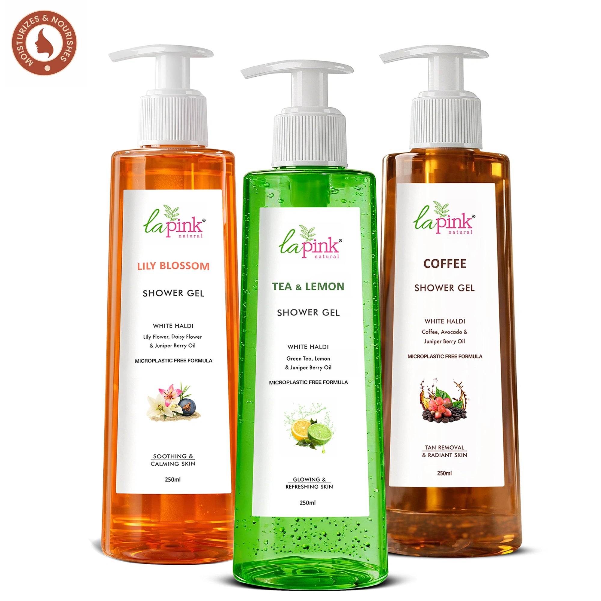 Three bottles of La Pink shower gel in Lily Blossom, Tea & Lemon, and Coffee scents on a white background.