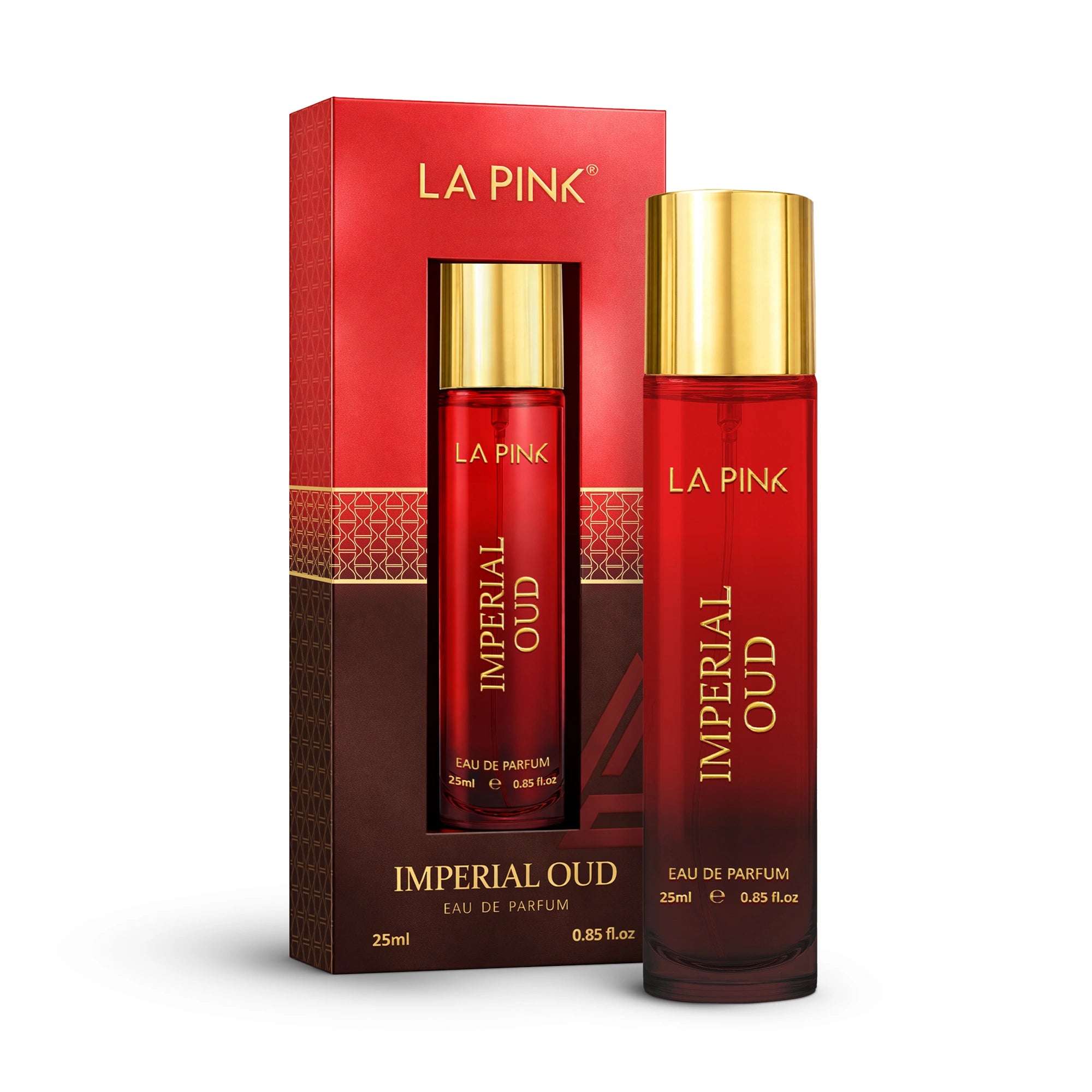 La Pink Imperial Oud perfume bottle and packaging on a white background