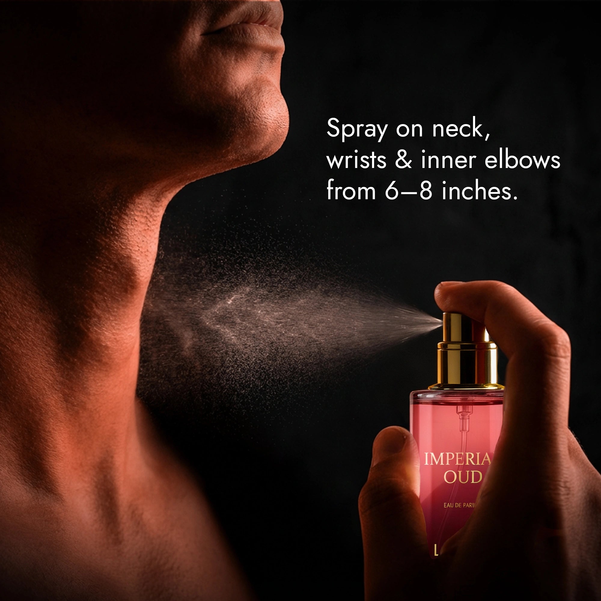 Person spraying perfume on neck with &