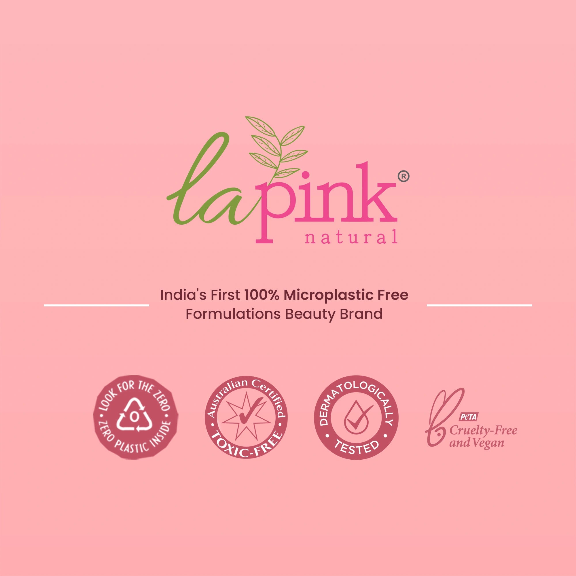 Lapink natural logo on a pink background with certification logos.