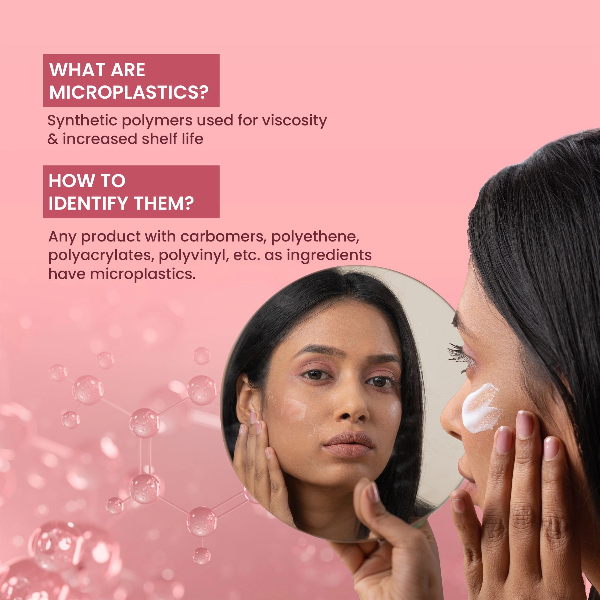 Woman applying cream to her face with text about microplastics on a pink background