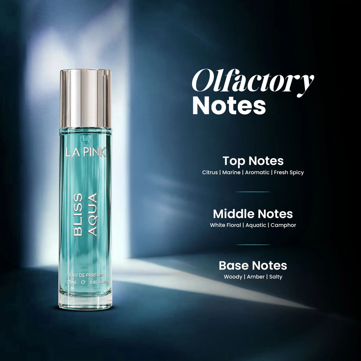 A clear cylindrical perfume bottle labeled LA PING BLISS AQUA stands on a dark blue studio background with dramatic light beams. White text on the right reads &