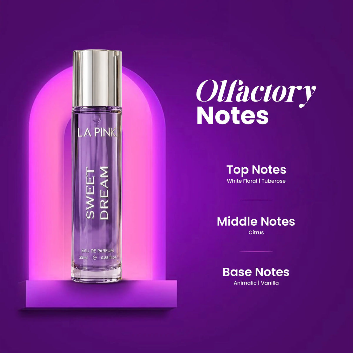 LA PINK Sweet Dream Eau de Parfum bottle on a purple background with a pink neon arch. Text on the right lists fragrance notes: Top Notes White Floral | Tuberoso, Middle Notes Citrus, and Base Notes Anionic | Vanilla.