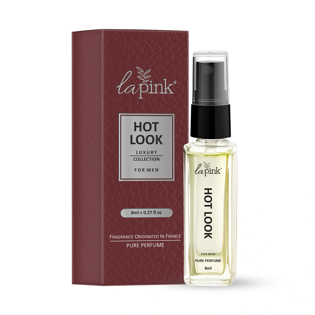 La Pink Hot Look perfume bottle and packaging on a white background