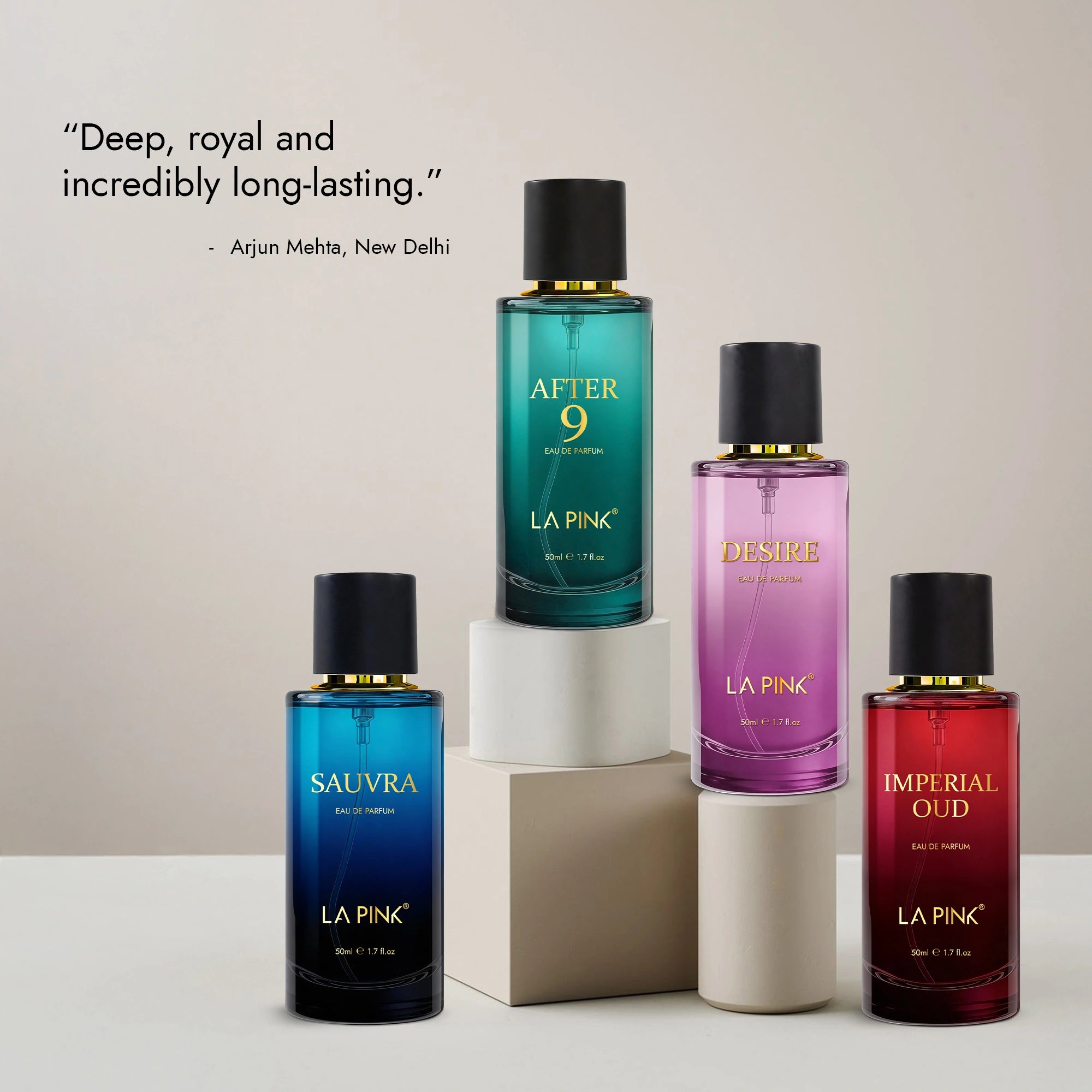 Four La Pink perfume bottles in different colors on a light background with a quote from Arjun Mehta, New Delhi.
