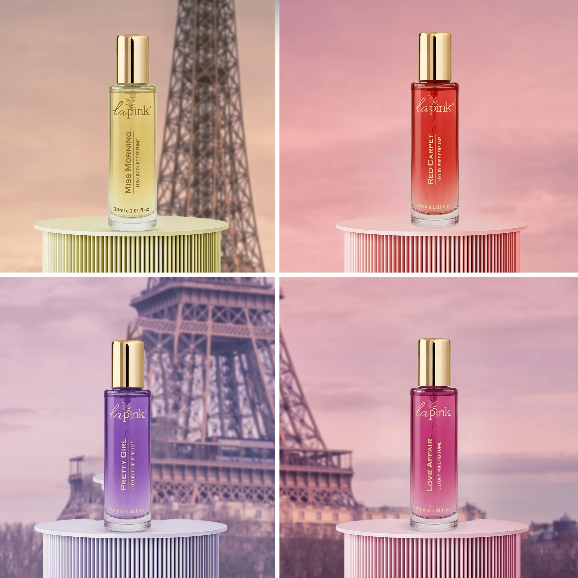 Four perfume bottles with different colored caps on stands against a blurred Eiffel Tower background.