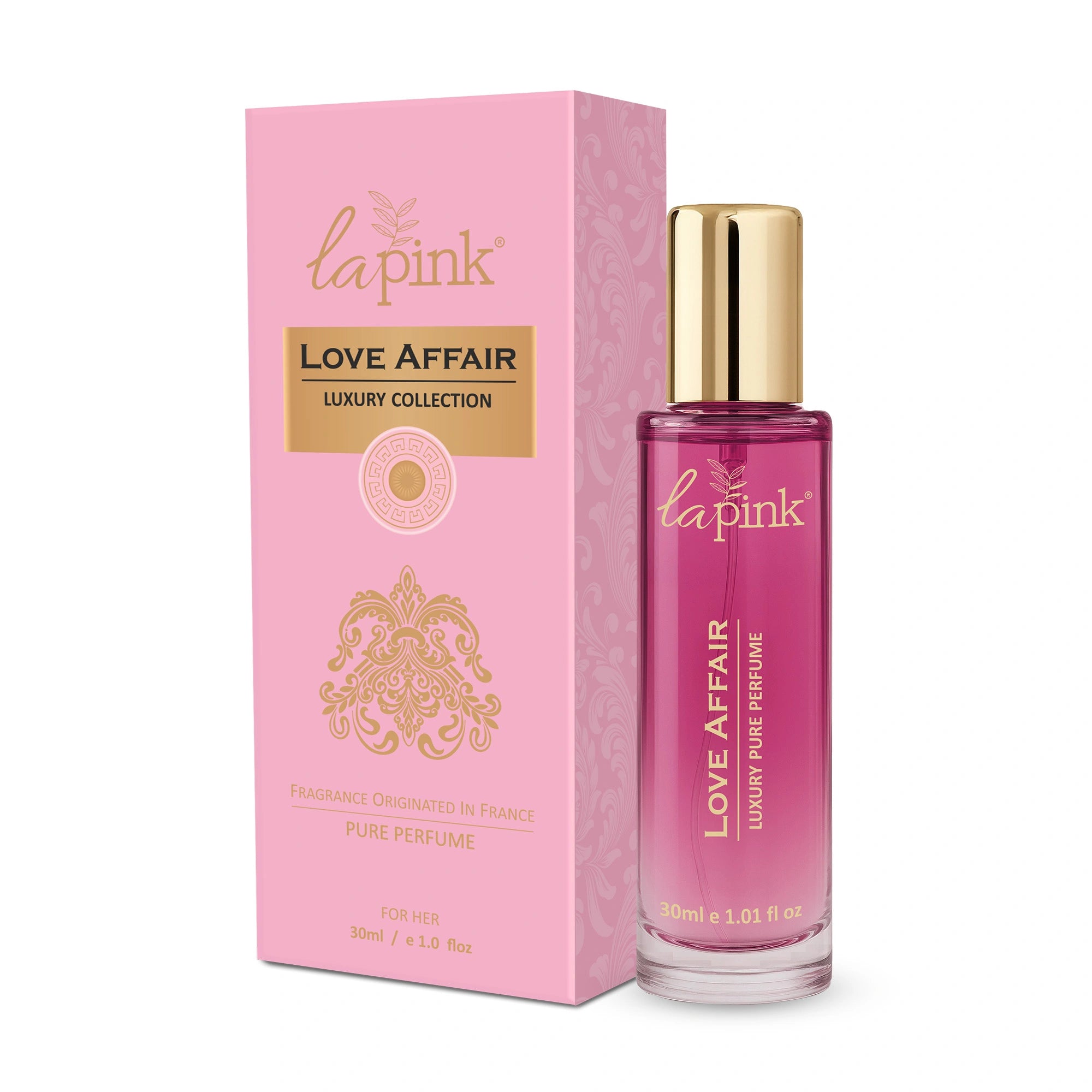 La Pink Love Affair perfume bottle and packaging on a white background