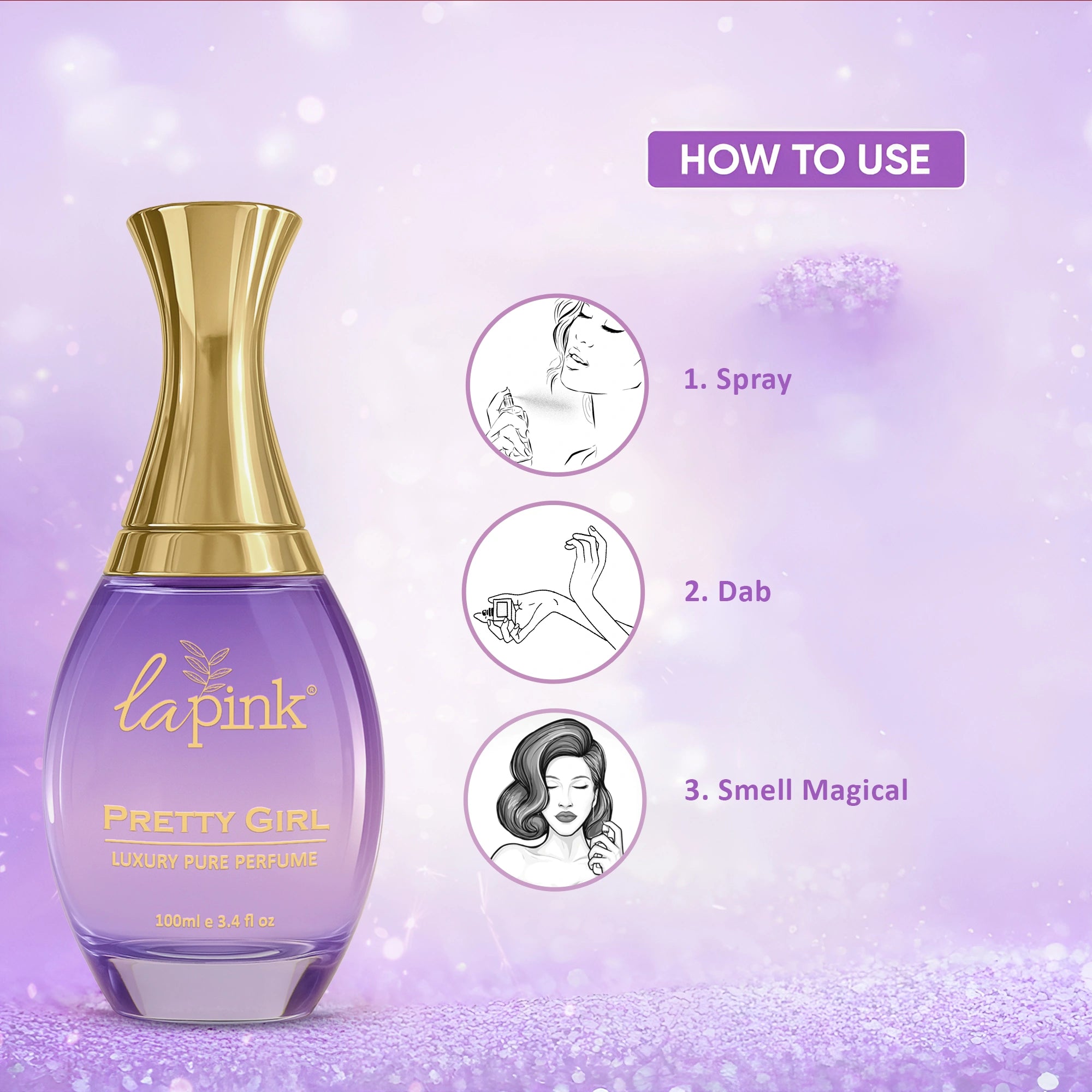 Perfume bottle with gold cap and purple body on a purple background, featuring usage instructions.