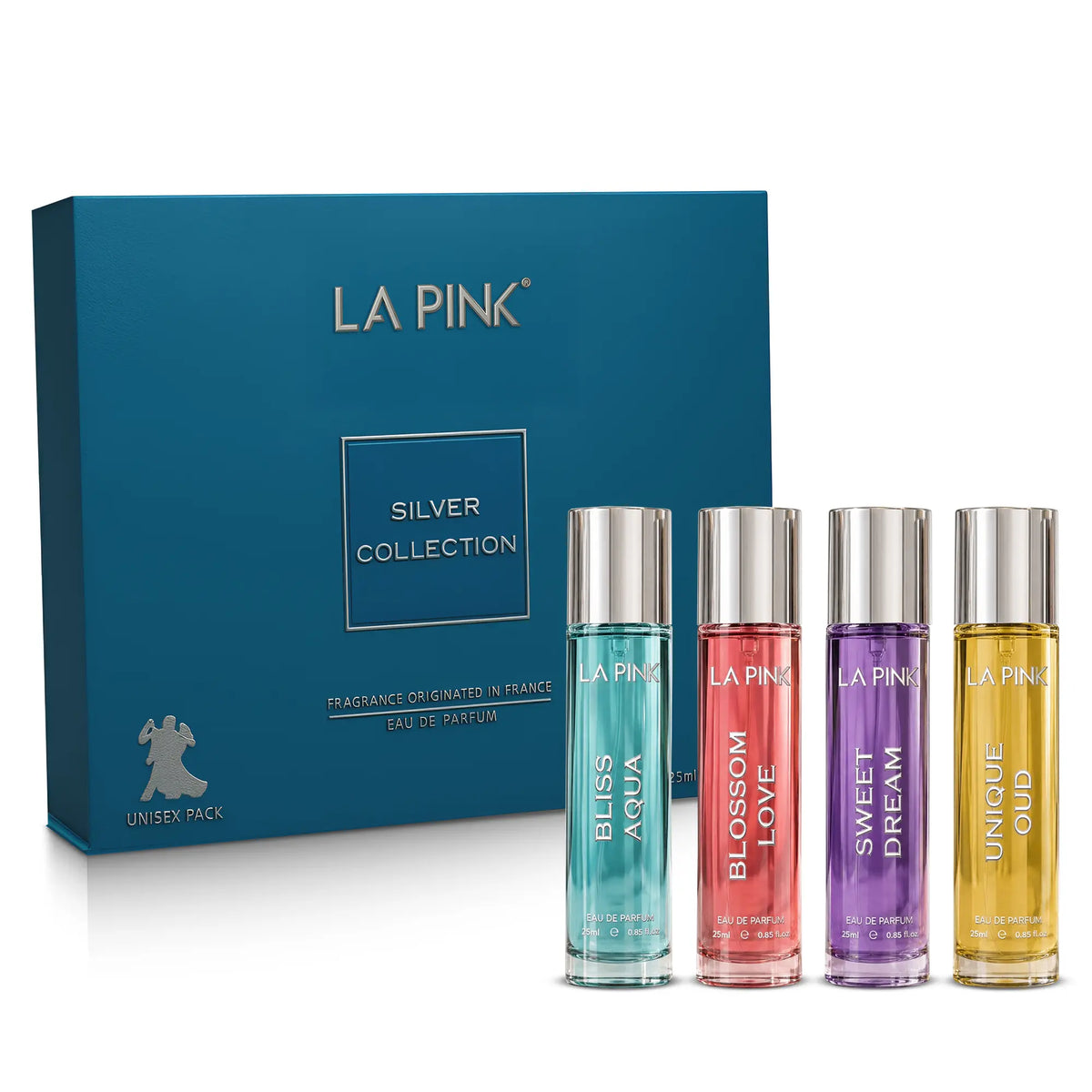 LA PINK Silver Collection unisex fragrance set, featuring a blue gift box and four 10ml rollerball bottles with silver caps in blue, pink, purple, and yellow shades.