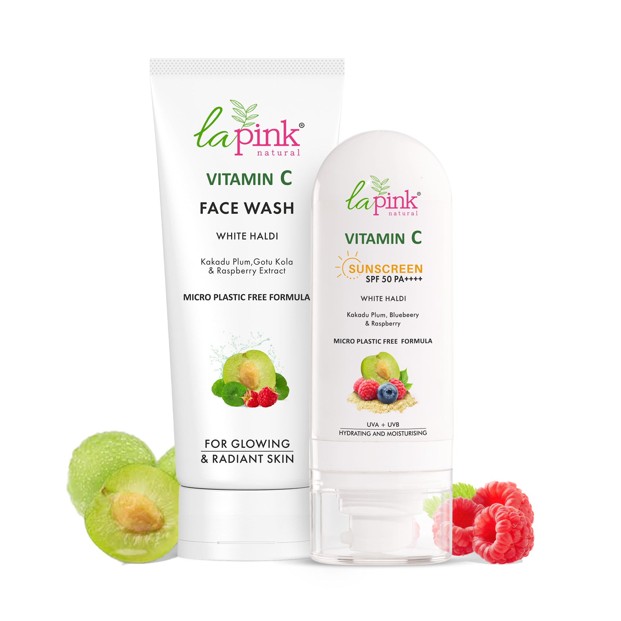 Two skin care products from La Pink, a face wash and a sunscreen lotion, with packaging featuring images of fruits such as pomelo and raspberry, indicating vitamin c content.