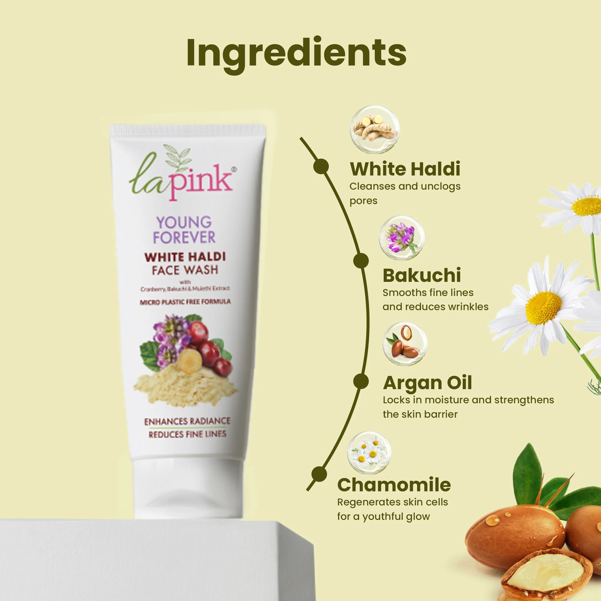 La Pink White Haldi Face Wash with ingredients—white haldi, bakuchi, argan oil, and chamomile.