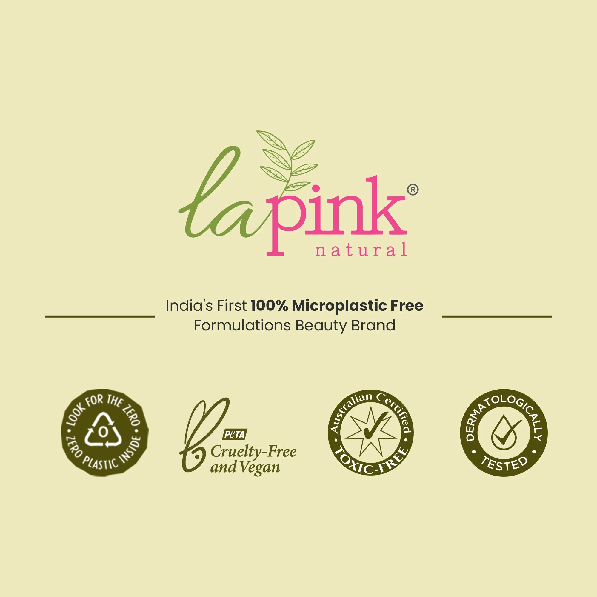 La Pink Natural logo with claim of 100% microplastic-free beauty brand and certification icons.
