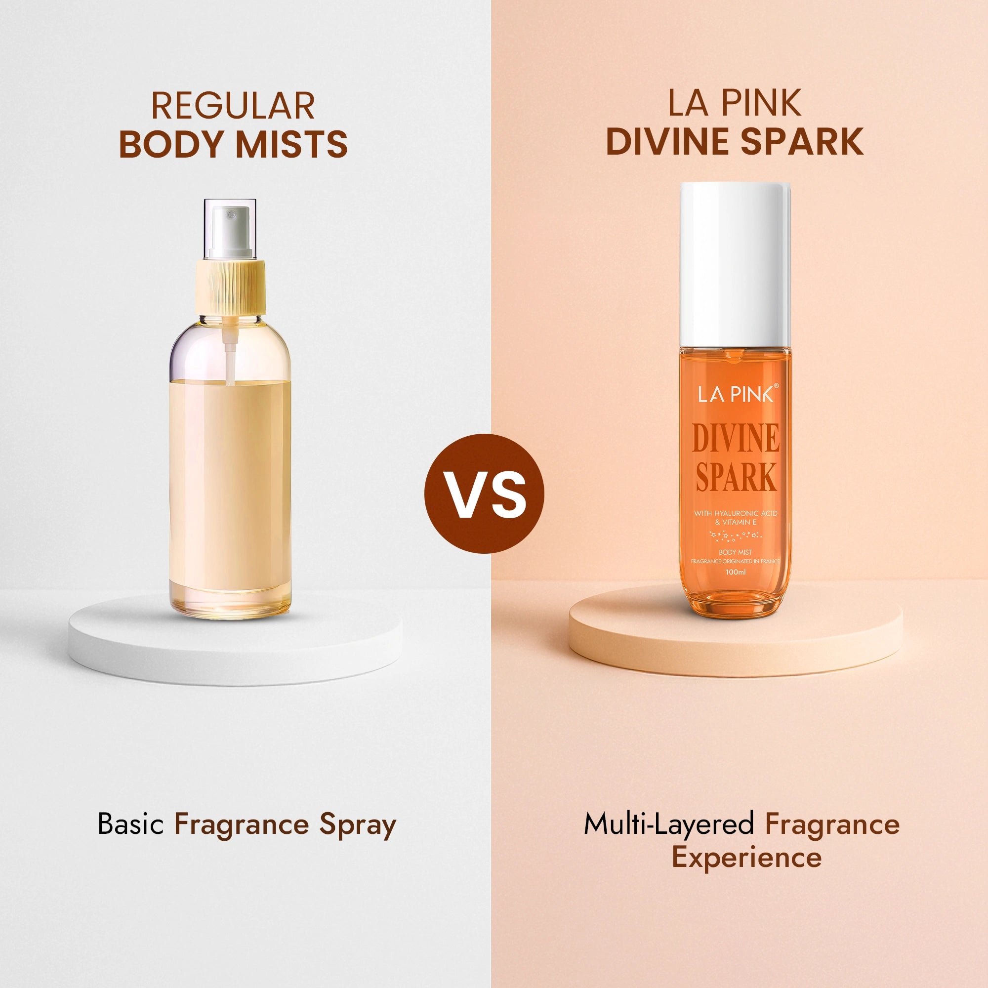 Comparison between a basic fragrance spray and a multi-layered fragrance experience product on a light gray and beige background.