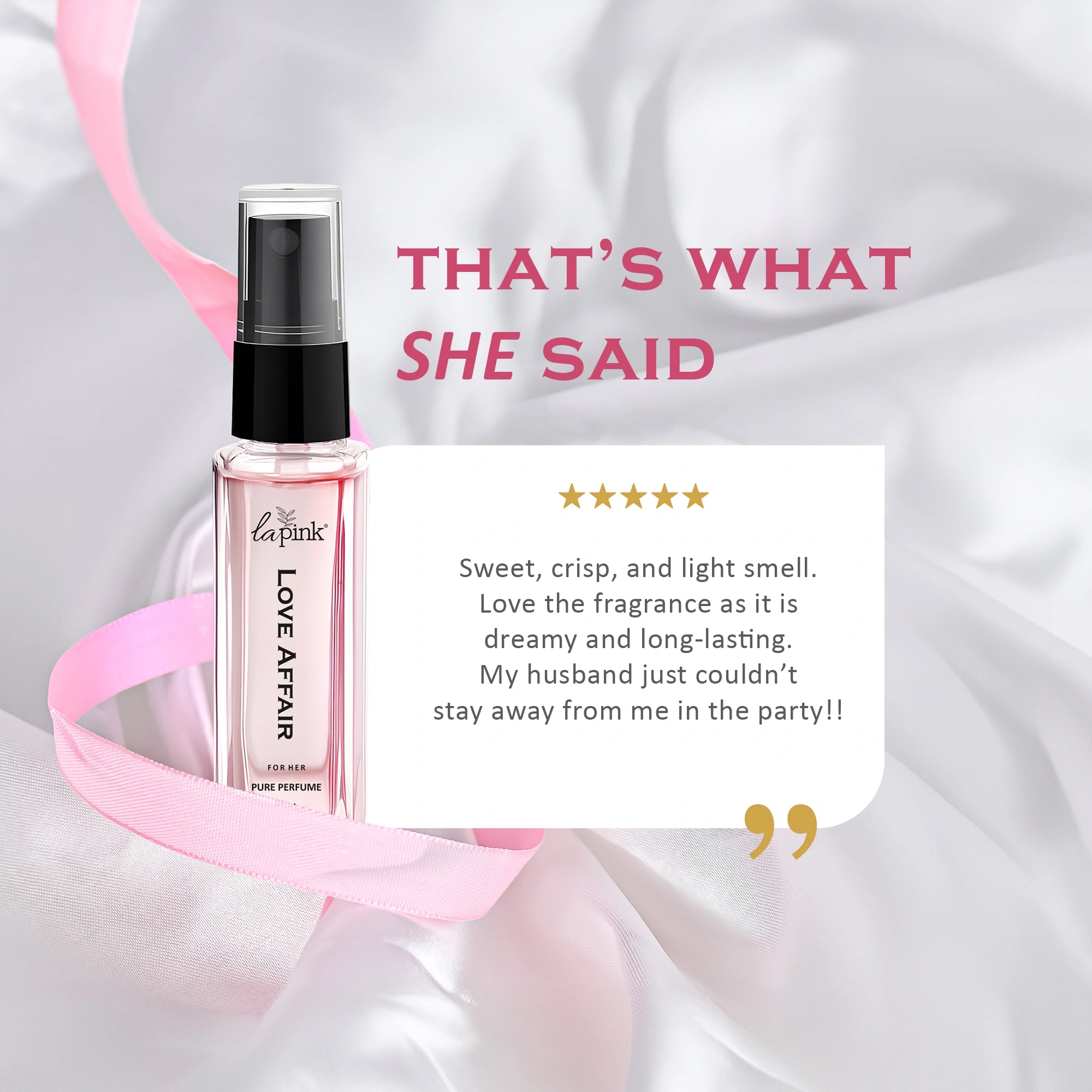 Perfume bottle with positive review text on a soft pink background