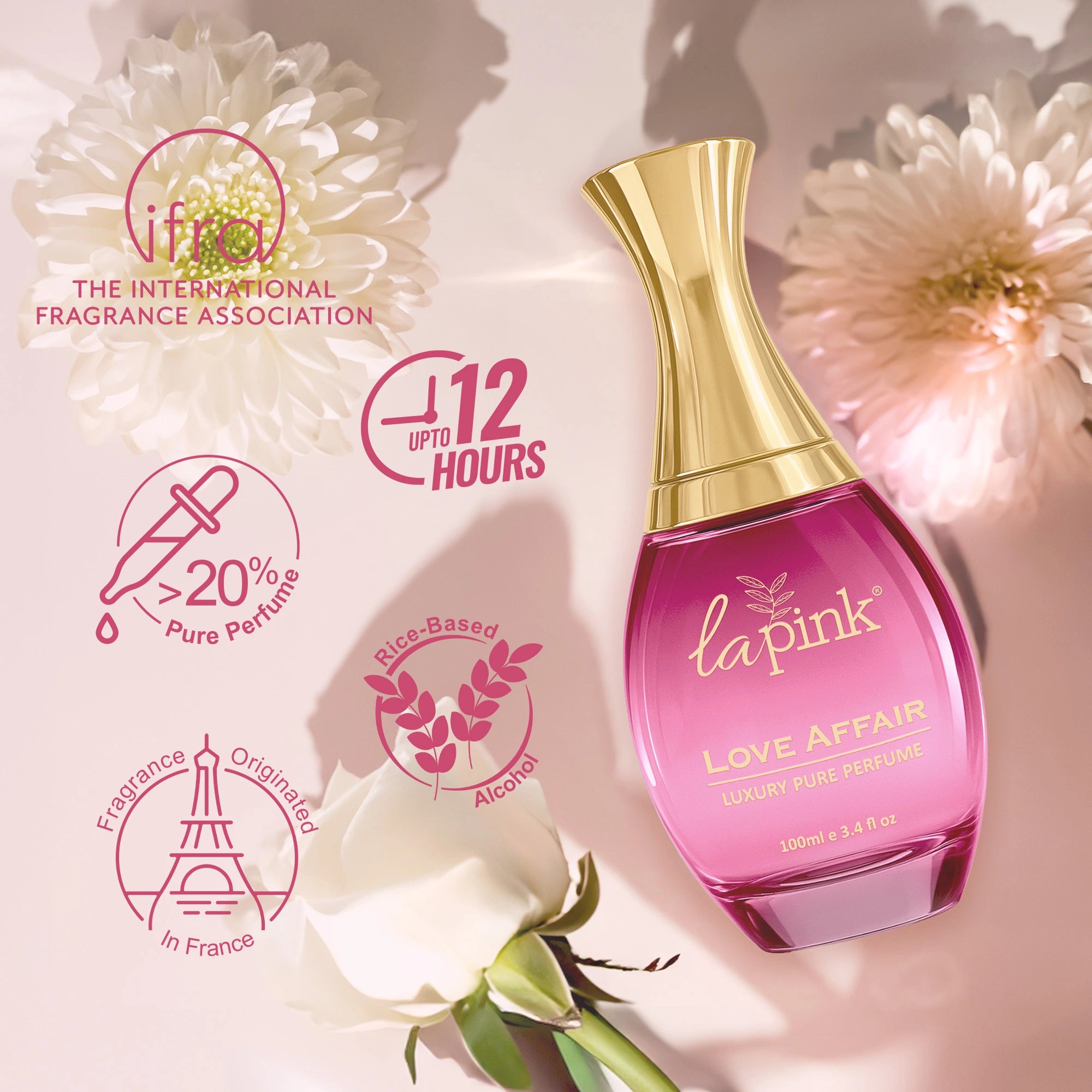Lapink perfume bottle with floral elements and Ifra logo on a light background