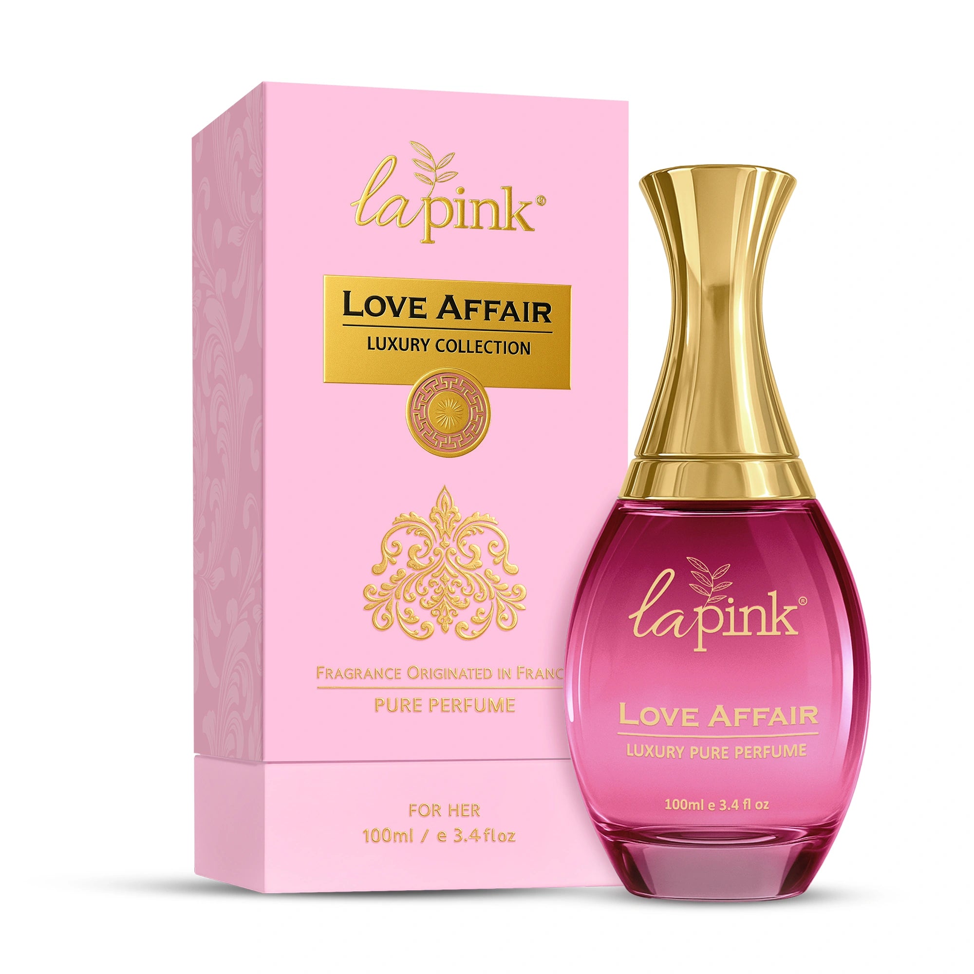 La Pink Love Affair perfume bottle and packaging on a white background