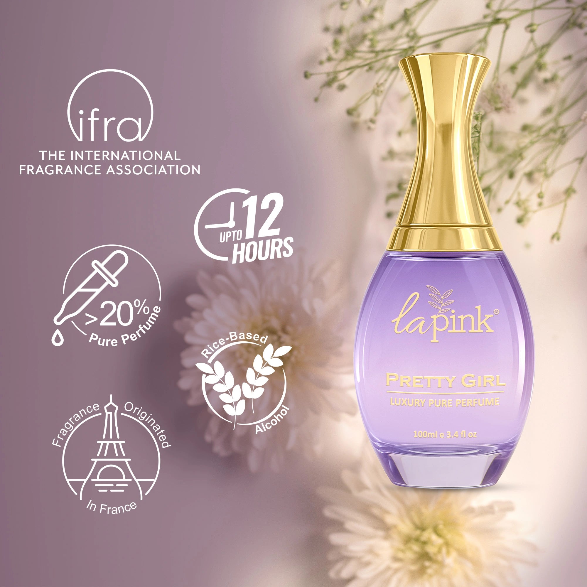 Perfume bottle with gold cap and purple label, surrounded by floral elements and ifra certification icons.