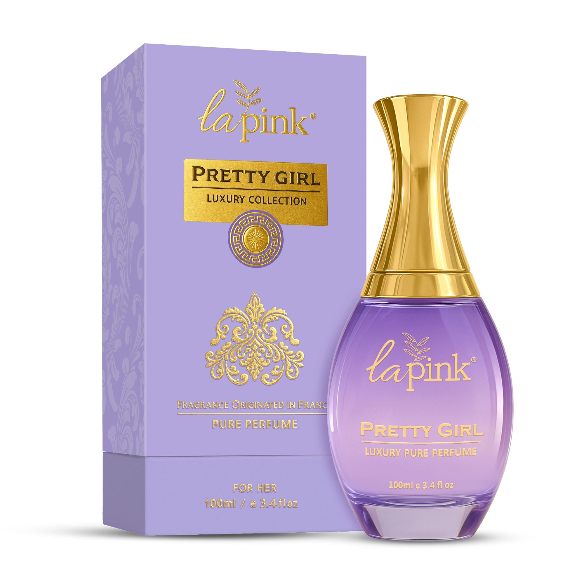 La Pink Pretty Girl perfume bottle and packaging on a white background