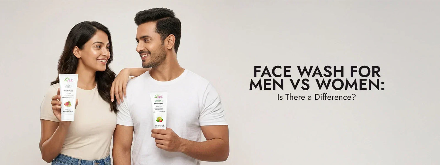 Man and woman holding face wash products with text about men vs women's face wash.