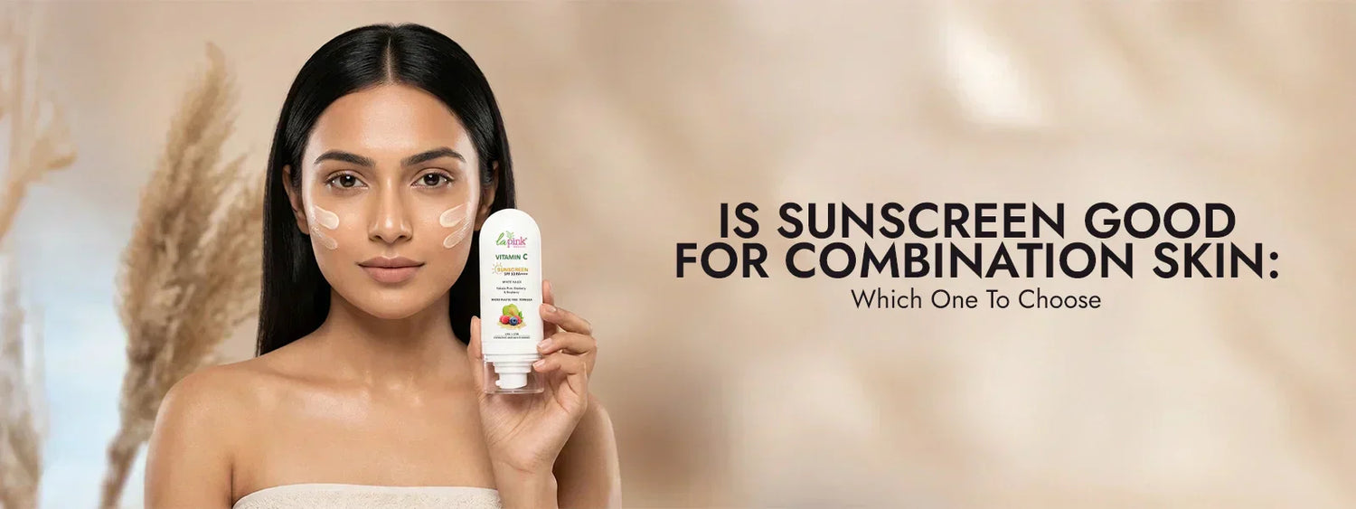 Woman holding a sunscreen bottle with text about choosing sunscreen for combination skin.
