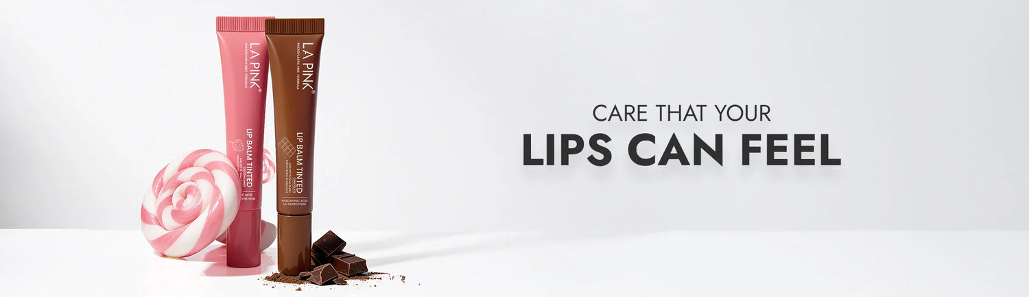 Two lip balm tubes with a rose and chocolate bar on a white background, featuring the text &