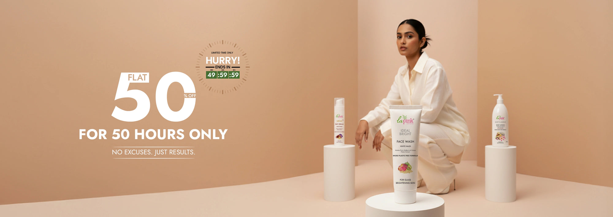 Woman sitting on the floor with skincare products around her, promotional text overlay.