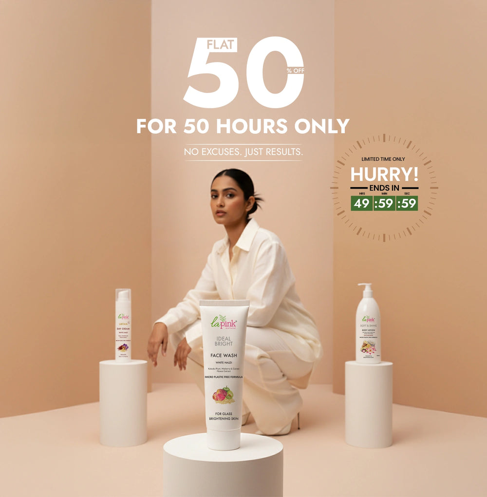 Woman sitting between skincare products with promotional text on a beige background