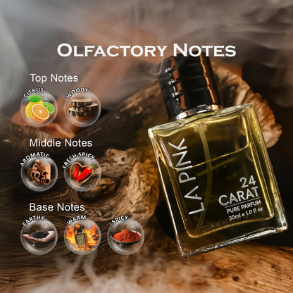 A bottle of LAPINK 24 CARAT pure fragrance shown on a rustic wood background with smoke and text overlays detailing its olfactory notes: citrus, woody, aromatic, fresh spicy, earthy, warm, and spicy.

