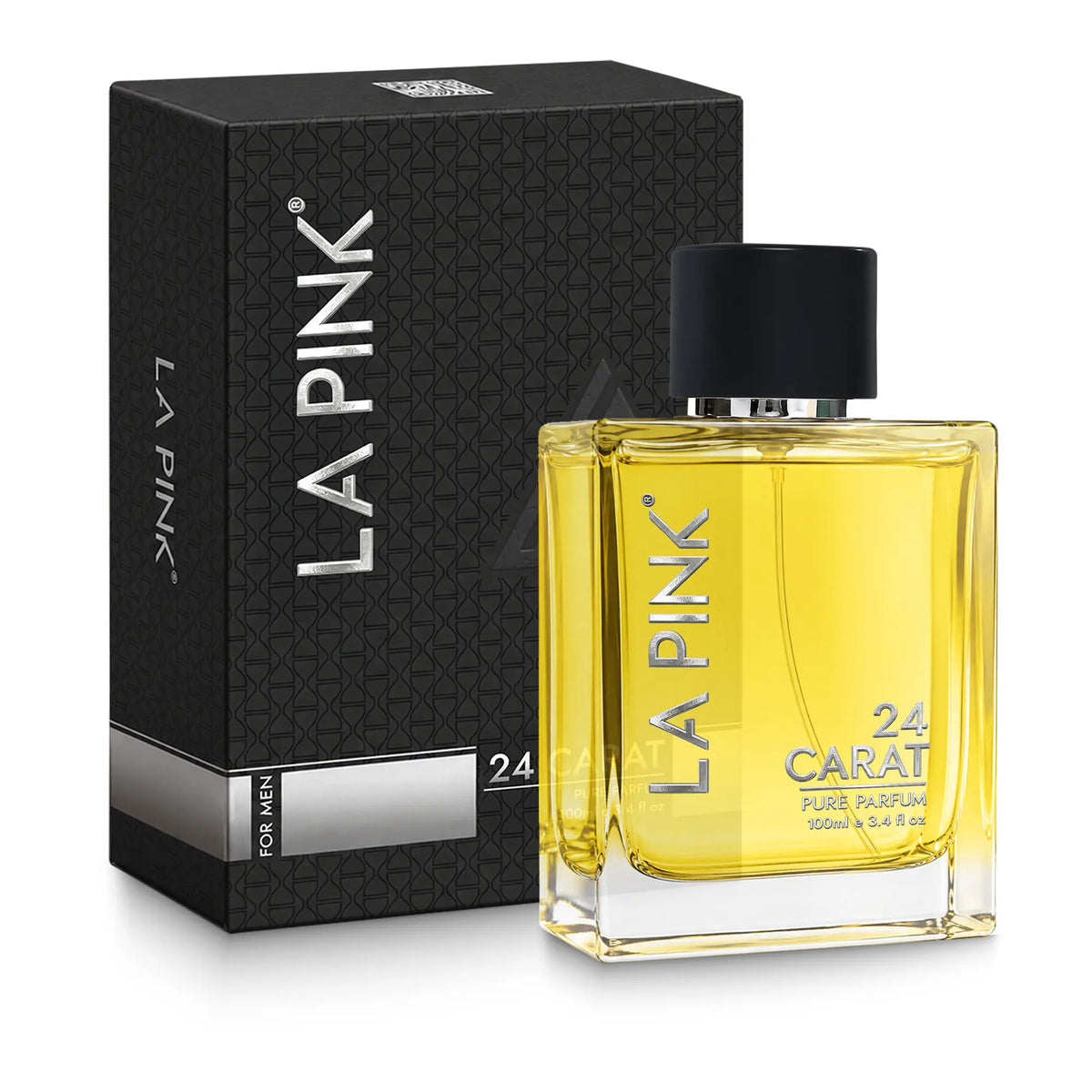 LA PINK 24 Carat Pure Parfum for men, featuring a clear glass bottle filled with golden-yellow liquid and a black cap, displayed next to its textured black packaging box with silver lettering.

