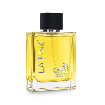 A rectangular glass perfume bottle filled with bright yellow liquid, featuring a black cap and silver lettering that reads &