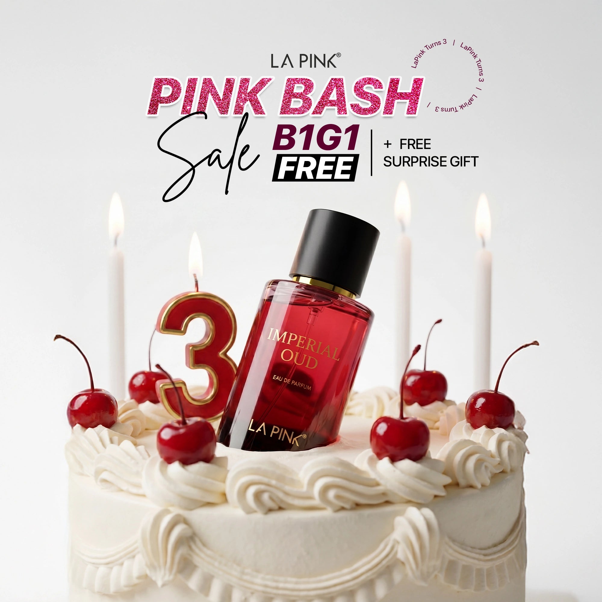 La Pink Imperial Oud perfume bottle on a cake with candles and cherries, celebrating a milestone.