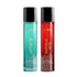 Two perfume bottles, one blue and one red, with &
