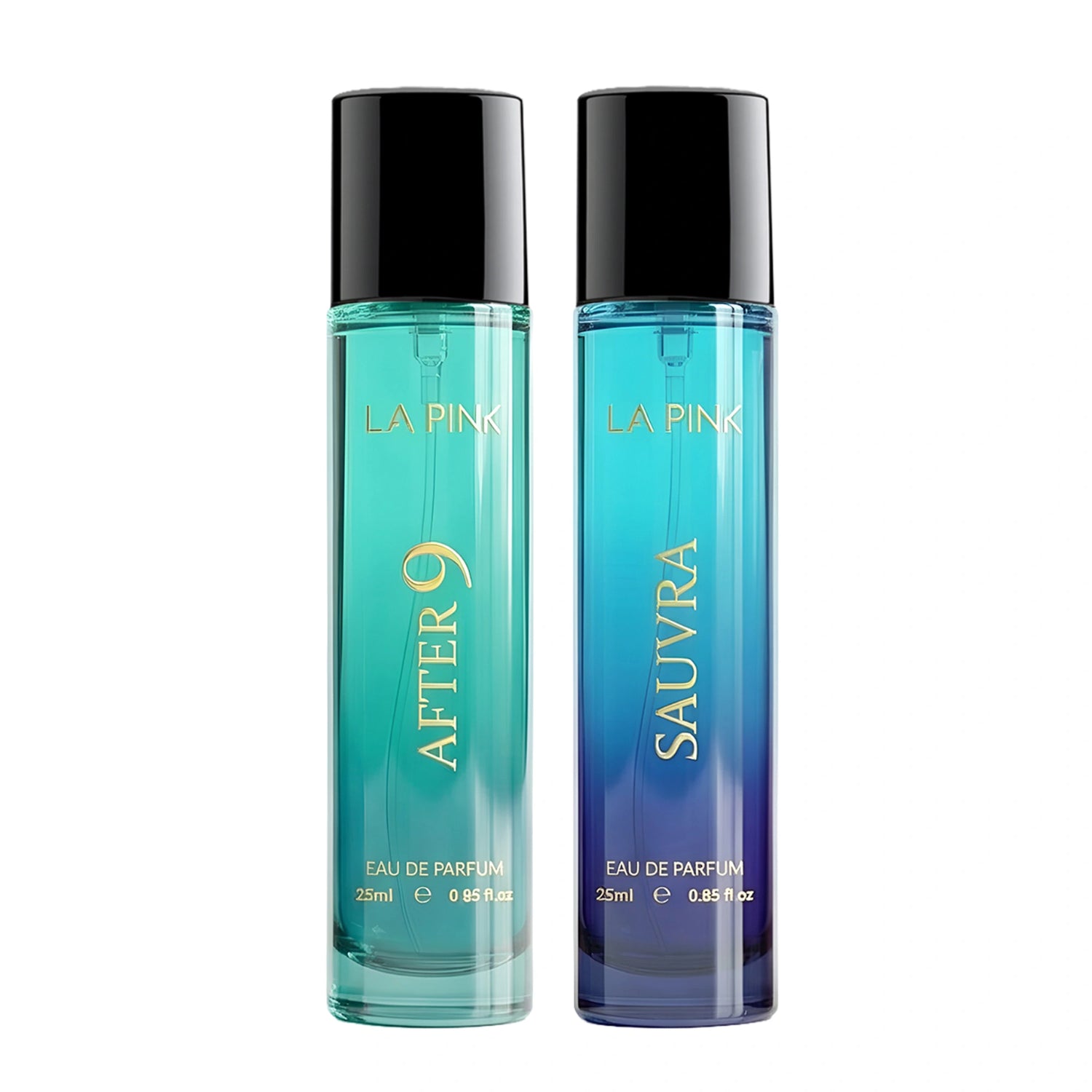 Two bottles of La Pink perfume, one labeled &