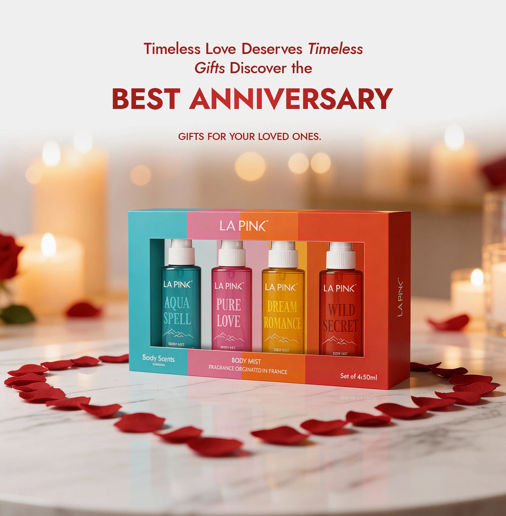 Set of La Pink body mist bottles in a box with romantic ambiance