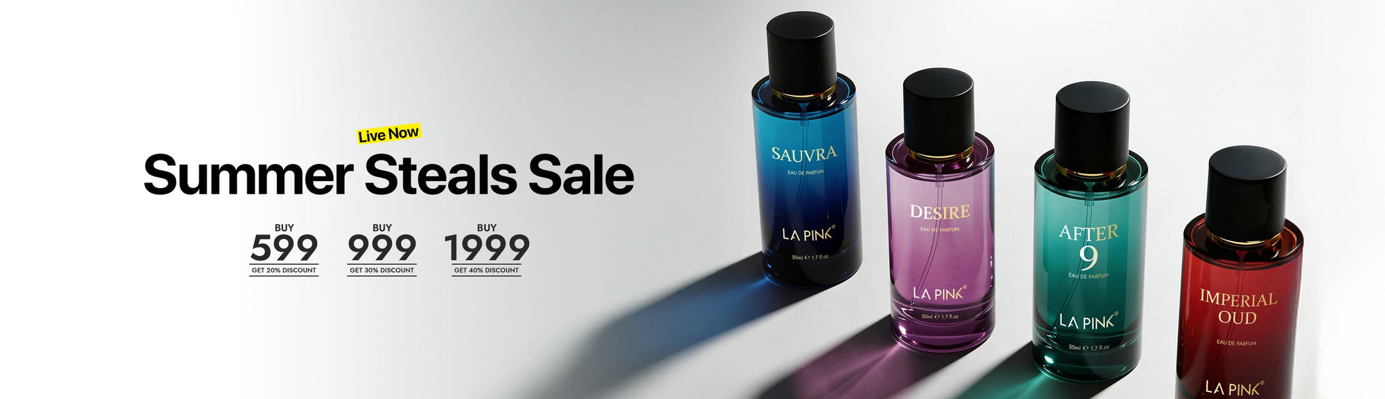 Four perfume bottles with black caps on a white background, featuring a 'Summer Steals Sale' text.