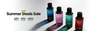 Four perfume bottles with a 'Summer Steals Sale' text overlay on a white background