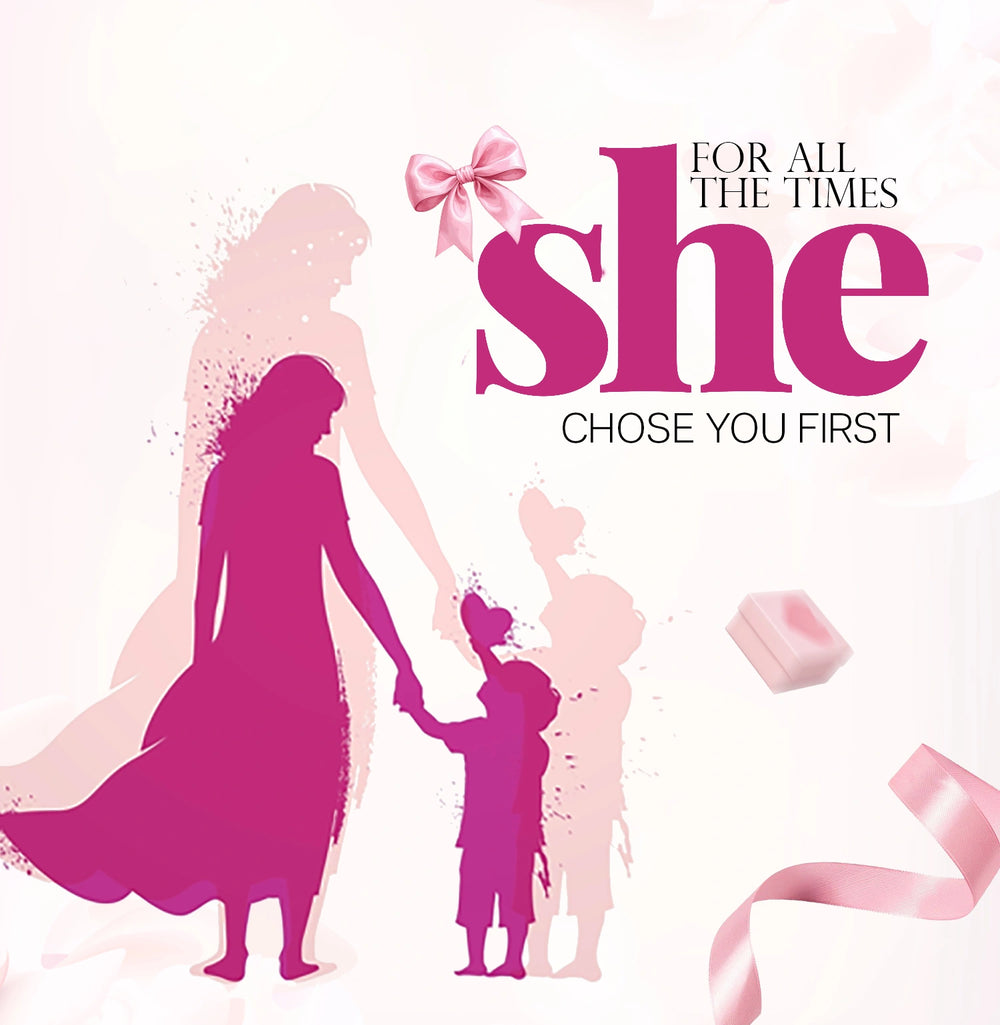 Silhouette of a woman and child holding hands with decorative elements and text on a pink background
