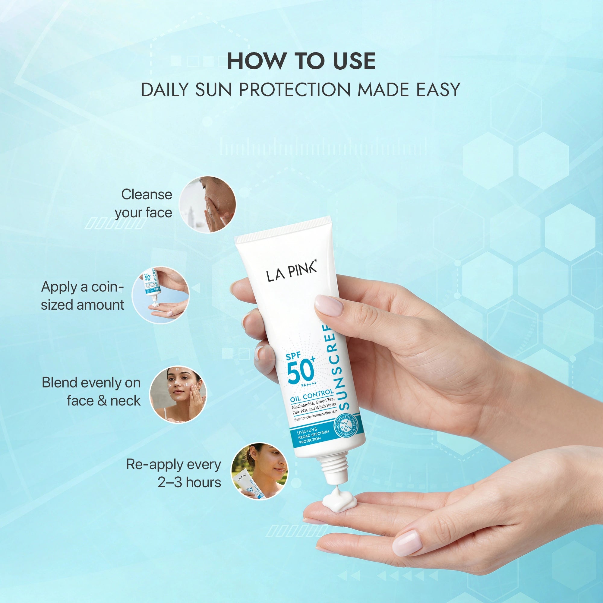 Instructional diagram on how to use sunscreen with a tube of La Pink sunscreen.