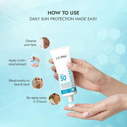 Instructional diagram on how to use sunscreen with a tube of La Pink sunscreen.