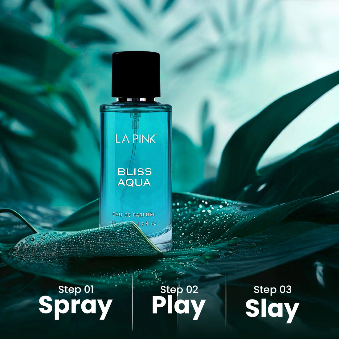Blue perfume bottle labeled &