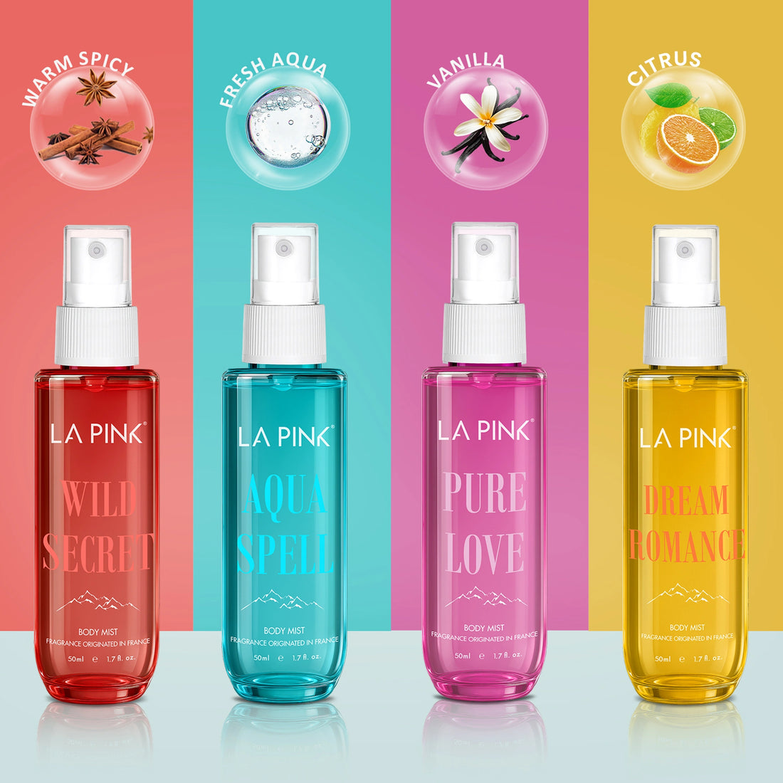 Four bottles of LA Pink body mist with colorful backgrounds and product names.