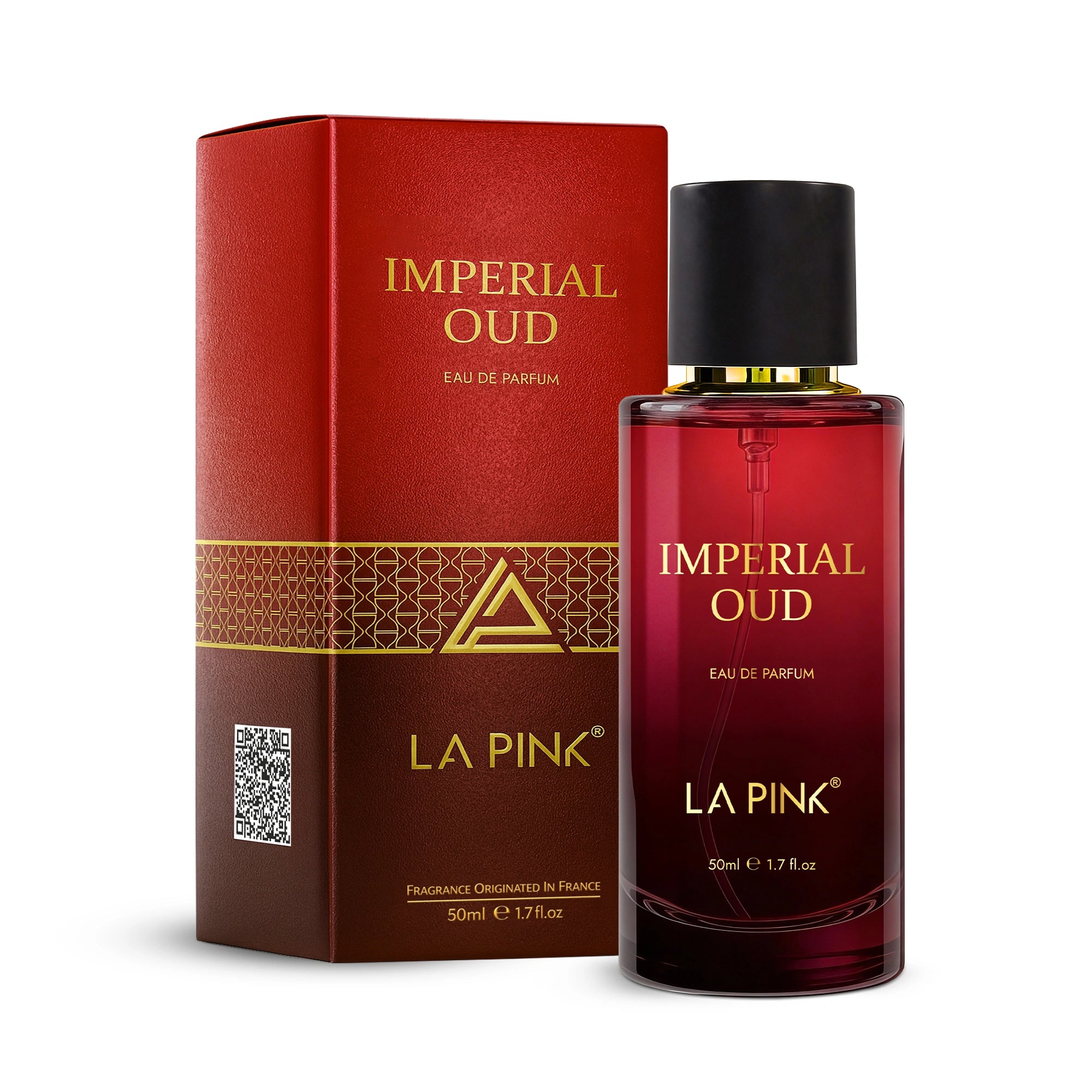La Pink Imperial Oud perfume bottle and packaging on a white background