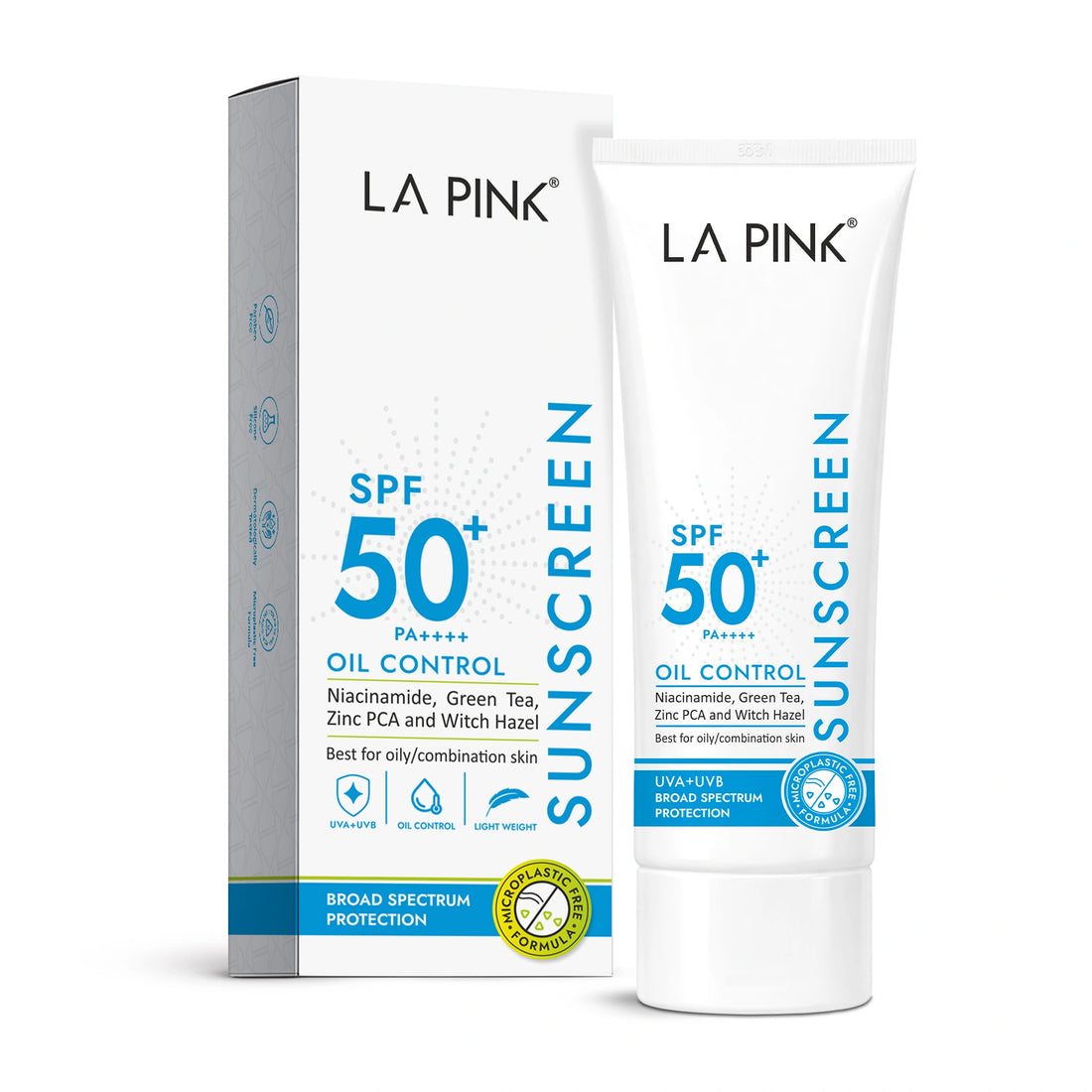 La Pink sunscreen packaging with SPF 50+ on a white background
